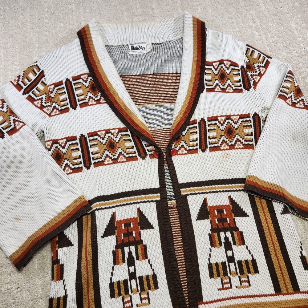 Vintage 70s‎ Aztec Cardigan Sweater Women Medium Shawl Collar Chunky Knit Navajo